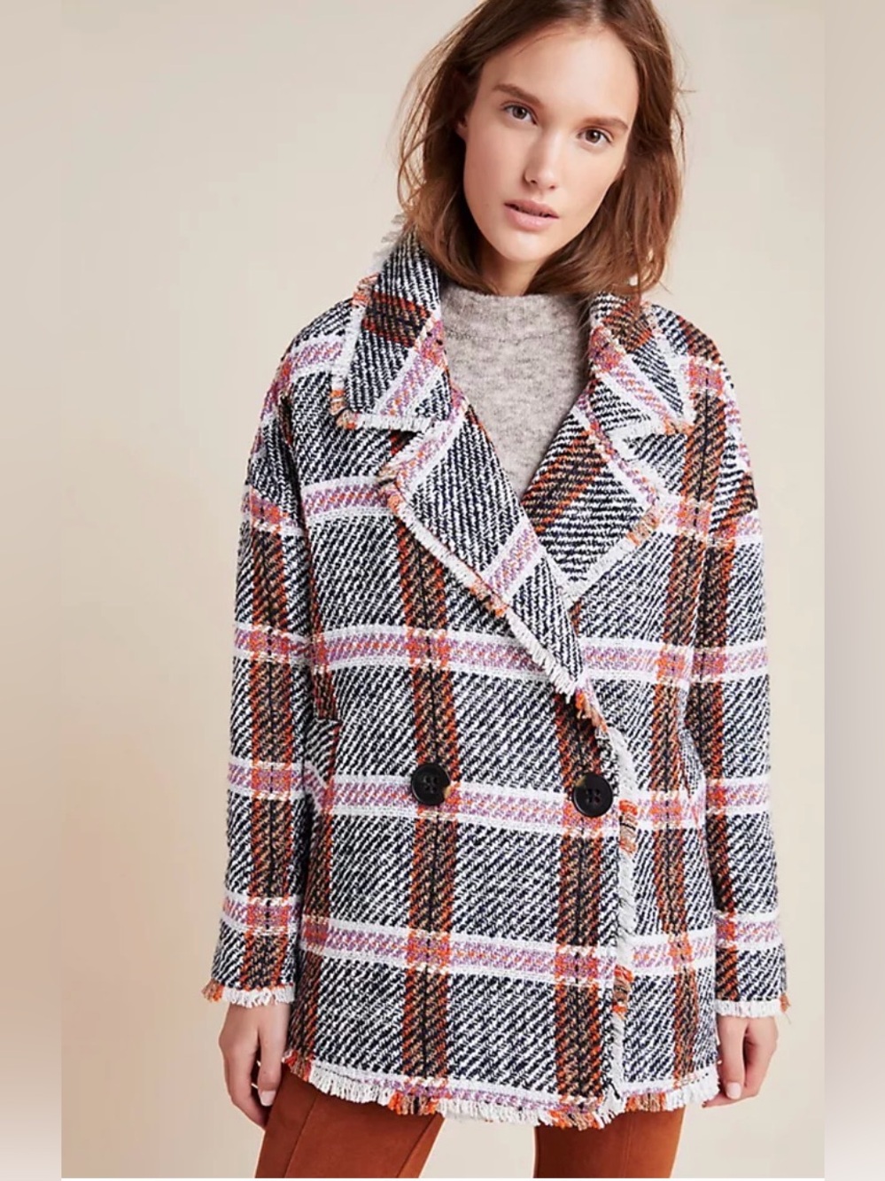 Anthropologie Eva Franco Tweed Plaid Bouclé Double-Breasted Jacket Pink & Black